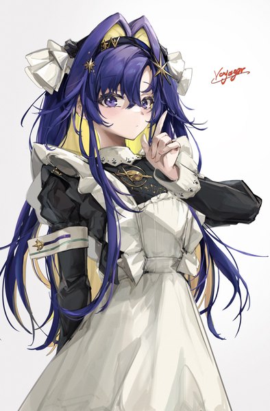 Anime picture 2717x4134 with reverse:1999 voyager (reverse:1999) xun li eins single long hair tall image looking at viewer fringe highres simple background hair between eyes white background purple eyes purple hair multicolored hair character names colored inner hair girl apron
