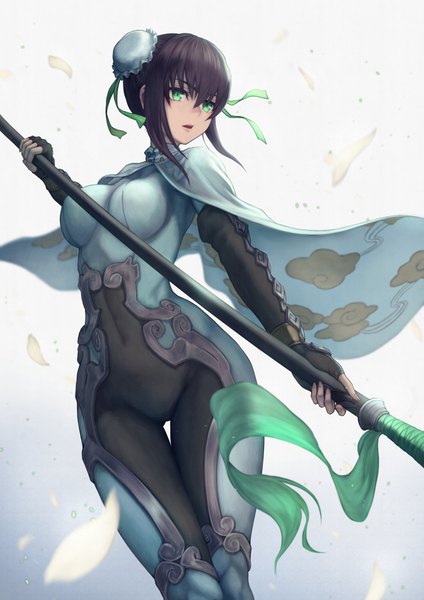 Anime picture 2894x4093 with fate (series) fate/grand order qin liangyu (fate) yasu (segawahiroyasu) single tall image fringe highres short hair breasts open mouth black hair simple background hair between eyes standing white background holding green eyes payot looking away