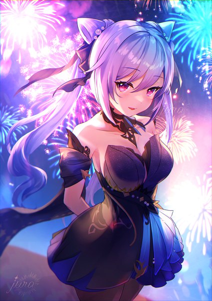 Anime picture 1240x1754 with genshin impact keqing (genshin impact) keqing (opulent splendor) (genshin impact) jura single long hair tall image looking at viewer blush fringe breasts open mouth hair between eyes large breasts standing purple eyes twintails bare shoulders signed payot