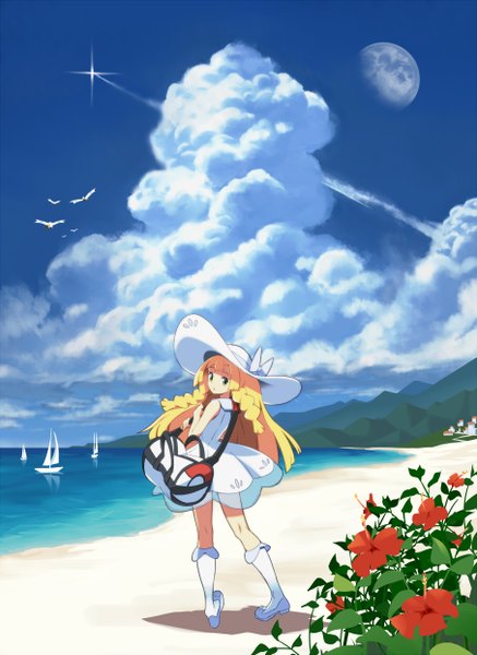 Anime picture 906x1242 with pokemon pokemon sm nintendo lillie (pokemon) wingull tm (hanamakisan) single long hair tall image blonde hair standing green eyes payot looking away sky cloud (clouds) full body braid (braids) looking back :o