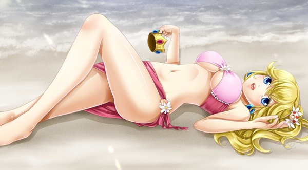 Anime picture 2000x1106 with super mario bros. princess peach yuino (fancy party) single long hair blush highres breasts blue eyes light erotic blonde hair wide image lying girl navel swimsuit bikini crown