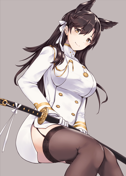 Anime picture 1004x1397 with azur lane atago (azur lane) enchuu single long hair tall image looking at viewer blush fringe breasts black hair simple background smile hair between eyes standing sitting holding brown eyes animal ears bent knee (knees)