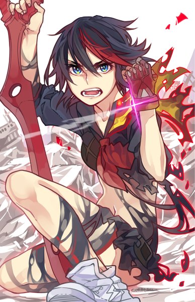 Anime picture 825x1275 with kill la kill studio trigger matoi ryuuko curryuku single tall image looking at viewer short hair open mouth blue eyes black hair sitting signed multicolored hair two-tone hair bare belly streaked hair girl skirt navel