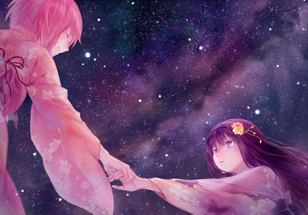 Anime picture 1000x700 with mahou shoujo madoka magica shaft (studio) akemi homura kaname madoka azmodan long hair short hair open mouth purple eyes pink hair purple hair eyes closed traditional clothes japanese clothes night sky holding hands space laughing hair ornament hairband