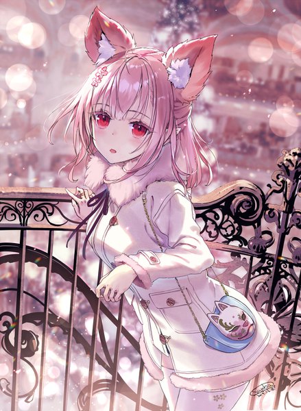 Anime picture 1000x1366 with original sanbasou single tall image looking at viewer blush fringe short hair open mouth red eyes standing signed animal ears pink hair outdoors blunt bangs long sleeves hair flower blurry depth of field
