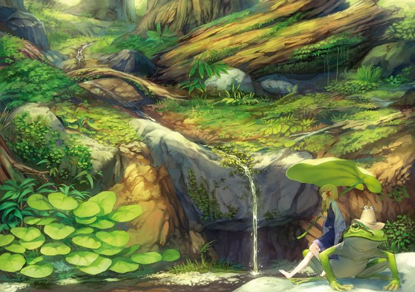 Anime picture 2064x1458 with touhou moriya suwako benitama fringe highres short hair blonde hair sitting holding traditional clothes head tilt profile barefoot wide sleeves bare legs shadow river girl plant (plants) hat