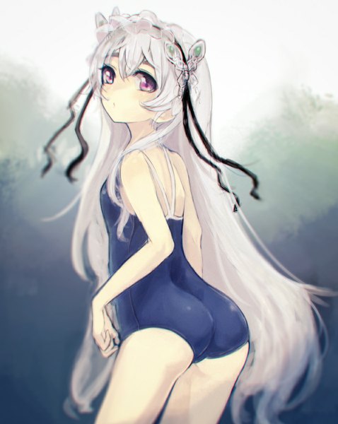 Anime picture 955x1199 with hitsugi no chaika studio bones chaika trabant yudough single long hair tall image looking at viewer blush light erotic purple eyes ass white hair looking back turning head girl hair ornament swimsuit one-piece swimsuit butterfly hair ornament
