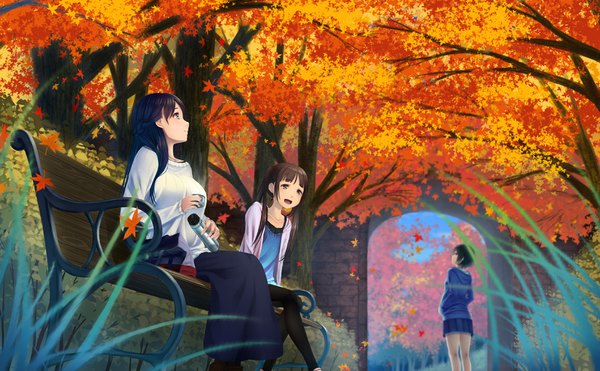 Anime picture 1000x619 with original koko (koko3) long hair short hair open mouth blue eyes black hair brown hair wide image sitting twintails multiple girls brown eyes looking away outdoors autumn girl skirt plant (plants) tree (trees)