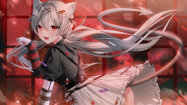 Anime picture 6000x3375 with original hiya 0 single long hair looking at viewer blush fringe highres open mouth light erotic smile hair between eyes red eyes wide image standing twintails animal ears absurdres silver hair indoors