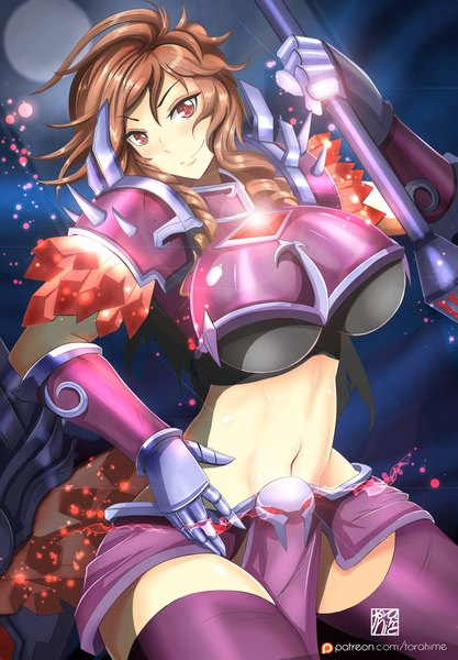 Anime picture 1280x1843 with league of legends taric (league of legends) torahime (roland00) single long hair tall image looking at viewer blush breasts light erotic smile brown hair brown eyes bare belly midriff huge breasts genderswap girl navel weapon