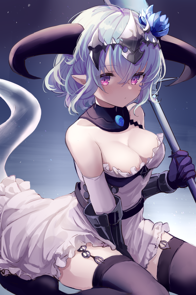 Anime picture 1800x2700 with shadowverse whitefrost dragonewt filene karunabaru single tall image looking at viewer fringe highres short hair breasts light erotic hair between eyes large breasts sitting purple eyes cleavage tail hair flower horn (horns) pointy ears