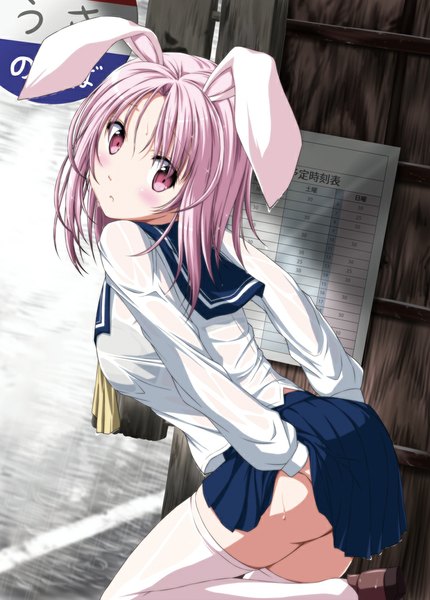 Anime picture 758x1058 with original nori tamago single long hair tall image blush light erotic animal ears pink hair pink eyes looking back bunny ears wet clothes girl thighhighs white thighhighs serafuku