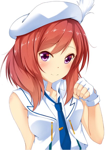 Anime picture 566x800 with love live! school idol project sunrise (studio) love live! nishikino maki ok-ray single long hair tall image looking at viewer blush simple background white background purple eyes red hair light smile girl gloves necktie white gloves fingerless gloves