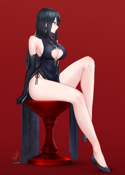 Anime picture 1042x1461 with original classy-black-haired girl (hayabusa) hayabusa single long hair tall image blush fringe breasts light erotic black hair hair between eyes large breasts sitting purple eyes bare shoulders signed looking away cleavage bent knee (knees)