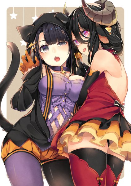 Anime picture 740x1050 with original ao no neko tall image blush short hair open mouth light erotic black hair purple eyes multiple girls animal ears tail animal tail horn (horns) cat ears cat girl cat tail halloween girl thighhighs