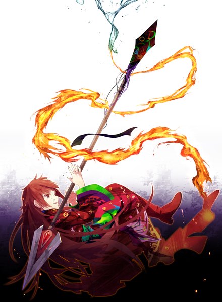 Anime picture 2200x3000 with mahou shoujo madoka magica shaft (studio) sakura kyouko ophelia (madoka magica) pietani 397 single long hair tall image highres open mouth red eyes red hair weapon over shoulder girl weapon bubble (bubbles) fire flame