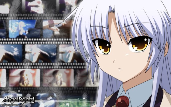 Anime picture 1920x1200 with angel beats! key (studio) tachibana kanade tagme (artist) single long hair looking at viewer fringe highres yellow eyes silver hair white hair inscription portrait close-up face girl school uniform shirt