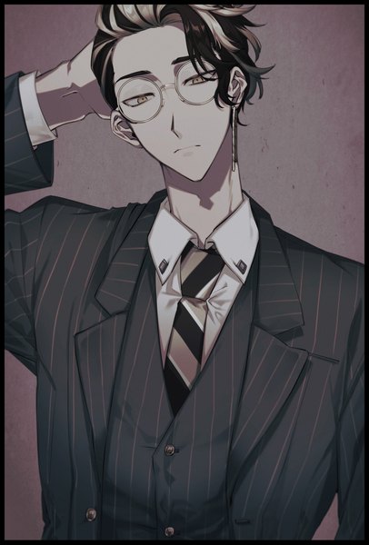 Anime picture 879x1298 with tokyo revengers hanma shuuji sukaha (pixiv6351707) single tall image short hair black hair simple background yellow eyes upper body head tilt multicolored hair two-tone hair streaked hair border arm behind head boy glasses necktie suit
