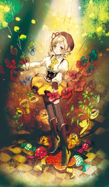 Anime picture 995x1692 with mahou shoujo madoka magica shaft (studio) tomoe mami sugi (artist) single tall image blush short hair blonde hair twintails yellow eyes drill hair short twintails spread arms checkered floor girl thighhighs gloves flower (flowers) black thighhighs