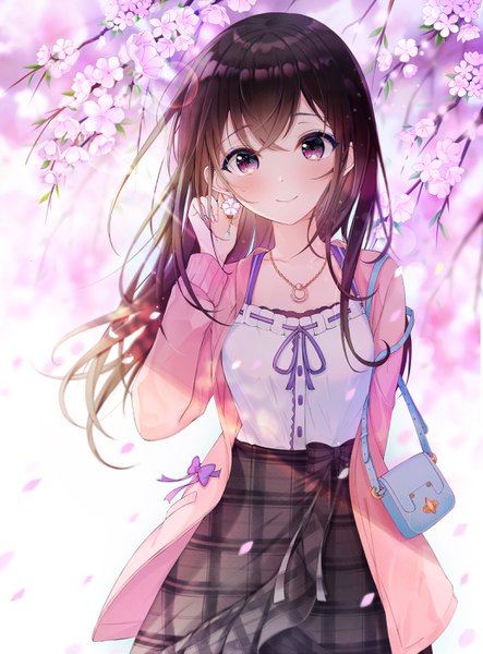 Anime picture 2066x2799 with original lebring single long hair tall image looking at viewer blush fringe highres smile hair between eyes brown hair standing purple eyes long sleeves open clothes cherry blossoms lens flare plaid skirt girl