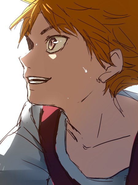 Anime picture 600x800 with haikyuu!! production i.g hinata shouyou otton single tall image short hair simple background white background brown eyes looking away orange hair teeth sweat face boy