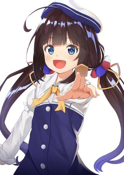 Anime picture 1013x1433 with ryuuou no oshigoto! hinatsuru ai hikashou single long hair tall image fringe open mouth blue eyes black hair simple background white background twintails payot ahoge upper body blunt bangs low twintails outstretched arm girl