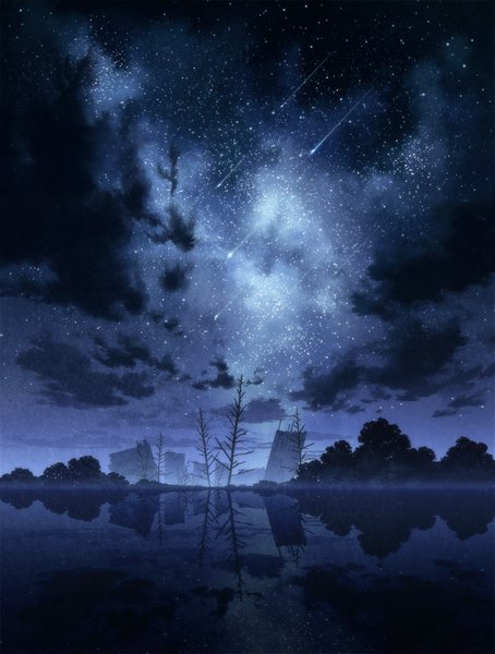 Anime picture 785x1037 with original mocha (cotton) tall image cloud (clouds) night night sky reflection blue background horizon landscape bare tree ruins shooting star plant (plants) tree (trees) water star (stars) meteorite