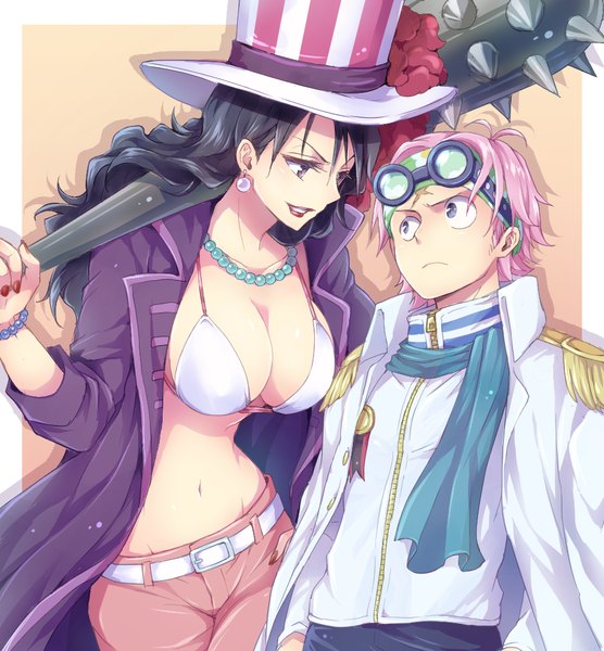 Anime-Bild 940x1015 mit one piece toei animation coby (one piece) alvida (one piece) 0aoiurn0 long hair tall image short hair breasts light erotic black hair simple background large breasts pink hair nail polish open clothes lipstick border scar red lipstick