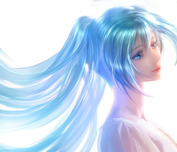 Anime picture 1058x912 with vocaloid hatsune miku takashi mare single long hair blue eyes simple background white background twintails blue hair looking away girl dress