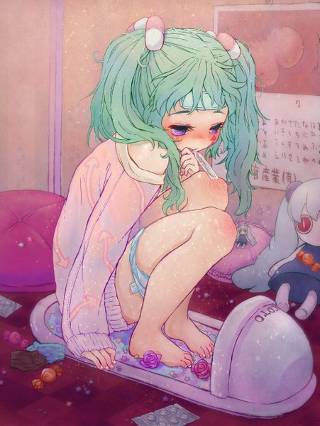 Anime picture 949x1262 with vocaloid slow motion (vocaloid) hatsune miku ade san single long hair tall image blush light erotic purple eyes twintails bare shoulders long sleeves barefoot green hair arm support looking down squat panties around one leg sick
