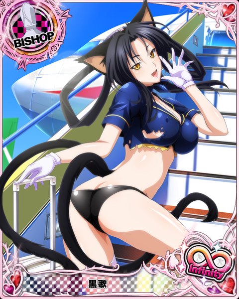 Anime picture 640x800 with highschool dxd kuroka (high school dxd) single long hair tall image looking at viewer breasts open mouth light erotic black hair animal ears yellow eyes tail animal tail cat ears cat girl cat tail torn clothes card (medium) girl