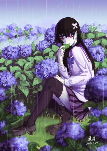 Anime picture 1000x1415 with sankarea studio deen sanka rea xiaobanbei milk single long hair tall image looking at viewer fringe black hair hair between eyes red eyes sitting holding signed outdoors pleated skirt dated rain eating