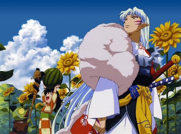 Anime picture 1280x953 with inuyasha sesshomaru rin (inuyasha) jaken long hair black hair brown eyes sky cloud (clouds) white hair traditional clothes japanese clothes looking up girl boy flower (flowers) weapon sword food kimono