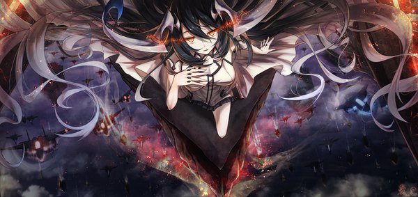 Anime picture 1600x756 with kantai collection anchorage water oni bae.c single looking at viewer fringe black hair wide image very long hair multicolored hair horn (horns) from above grey hair orange eyes glowing gradient hair glowing eye (eyes) flying white skin shinkaisei-kan