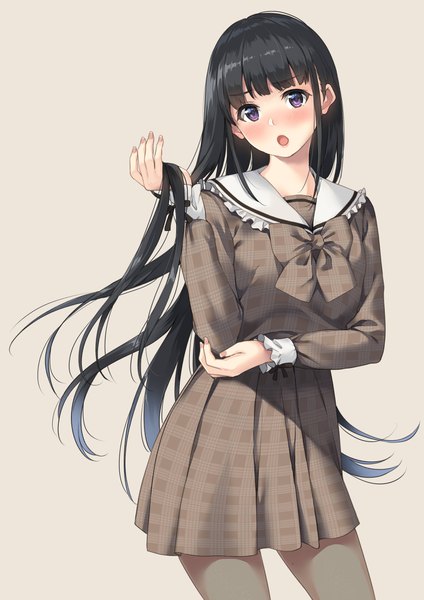 Anime picture 2894x4093 with original unasaka ryou single long hair tall image looking at viewer blush fringe highres open mouth black hair simple background standing purple eyes payot blunt bangs long sleeves head tilt pleated skirt fingernails