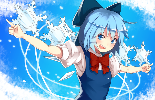Anime picture 1000x645 with touhou cirno nosuku single looking at viewer blush fringe short hair open mouth blue eyes smile blue hair teeth spread arms girl bow hair bow wings sundress snowflake (snowflakes)