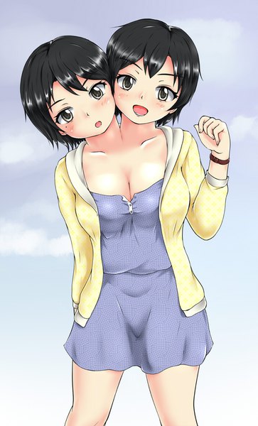 Anime picture 700x1157 with original ftt tall image looking at viewer blush short hair breasts open mouth black hair simple background standing multiple girls cleavage :d black eyes mole open jacket :o mole under eye blue background