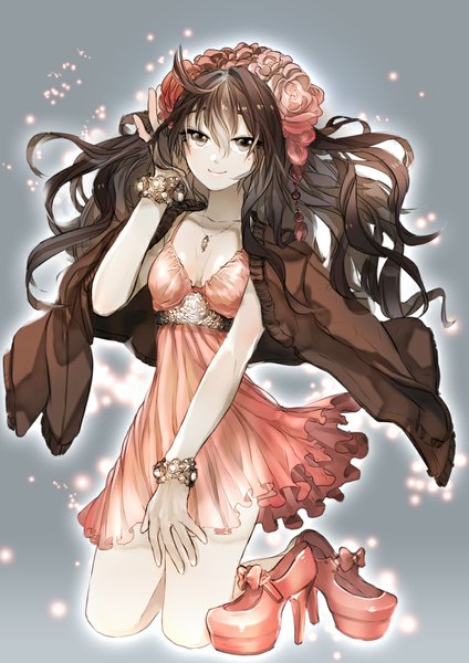 Anime picture 767x1086 with original noa (artist) single long hair tall image looking at viewer simple background smile brown hair brown eyes girl dress hair ornament shoes jacket pendant