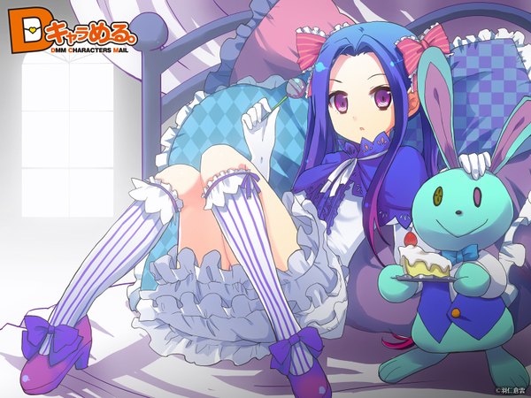 Anime picture 1600x1200 with d chara mail long hair purple eyes twintails blue hair lolita fashion girl dress gloves bow hair bow socks elbow gloves shoes frills toy stuffed animal lollipop striped socks