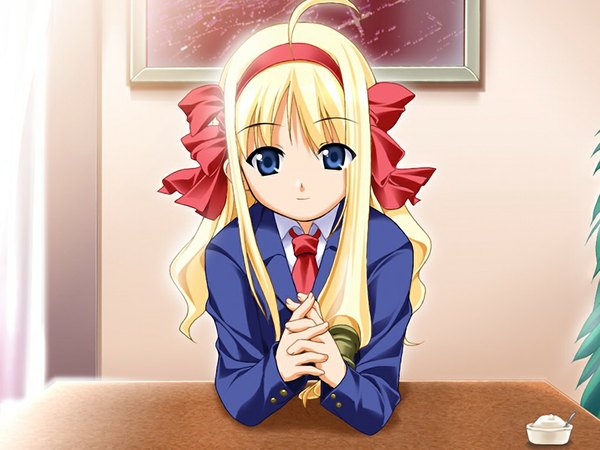 Anime picture 1024x768 with anonono komiya momiji long hair blue eyes blonde hair game cg ahoge girl ribbon (ribbons) hair ribbon serafuku