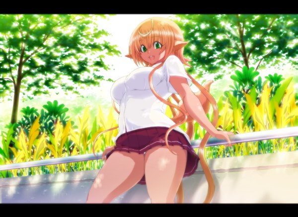 Anime picture 1375x1000 with original tobestyle0 single long hair open mouth light erotic blonde hair green eyes pointy ears girl skirt plant (plants) miniskirt shirt