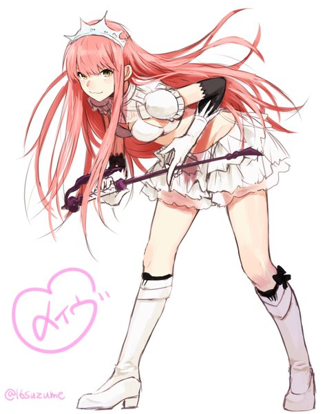 Anime picture 731x899 with fate (series) fate/grand order medb (fate) somemiya suzume single long hair tall image looking at viewer simple background smile standing white background holding signed yellow eyes red hair leaning leaning forward twitter username girl