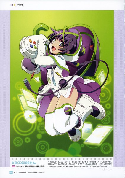 Anime picture 2449x3479 with poyoyon rock illustrations & art works (artbook) watanabe akio single tall image looking at viewer highres short hair open mouth light erotic smile purple eyes green eyes purple hair scan fang (fangs) copyright name symbol-shaped pupils multicolored eyes girl thighhighs