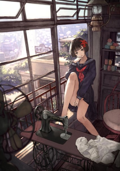 Anime picture 1191x1684 with original kaoming single tall image looking at viewer blush short hair black hair sitting hair flower grey eyes covering crotch girl skirt uniform hair ornament flower (flowers) miniskirt serafuku window