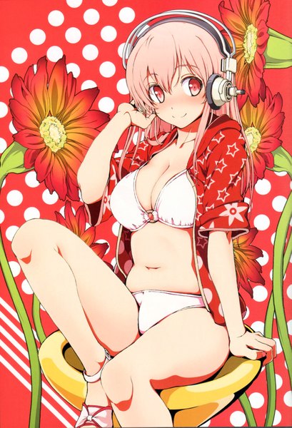 Anime picture 2534x3714 with nitroplus super sonico azuma syoujuan long hair tall image blush highres light erotic sitting pink hair cleavage pink eyes open clothes open shirt cameltoe girl navel flower (flowers) swimsuit bikini