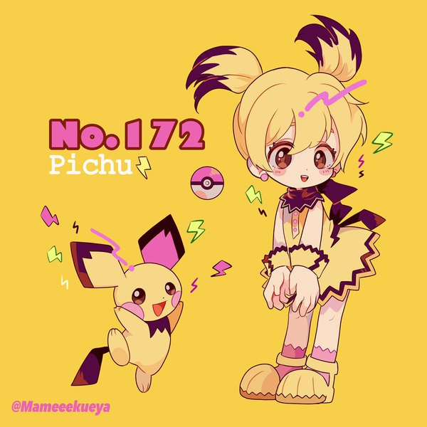 Anime picture 1024x1024 with pokemon nintendo pichu mameeekueya single fringe short hair blonde hair simple background hair between eyes standing twintails brown eyes signed looking away full body multicolored hair two-tone hair character names twitter username
