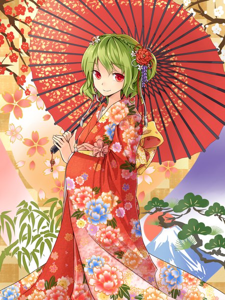 Anime picture 1200x1600 with touhou kazami yuuka shironeko yuuki single tall image looking at viewer fringe short hair smile red eyes standing long sleeves traditional clothes japanese clothes hair flower green hair wide sleeves alternate costume cherry blossoms floral print