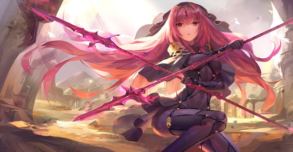 Anime picture 1532x800 with fate (series) fate/grand order scathach (fate) (all) scathach (fate) kyurin (sunnydelight) single long hair fringe light erotic hair between eyes wide image purple hair pink eyes wind covered navel looking up girl weapon bodysuit veil