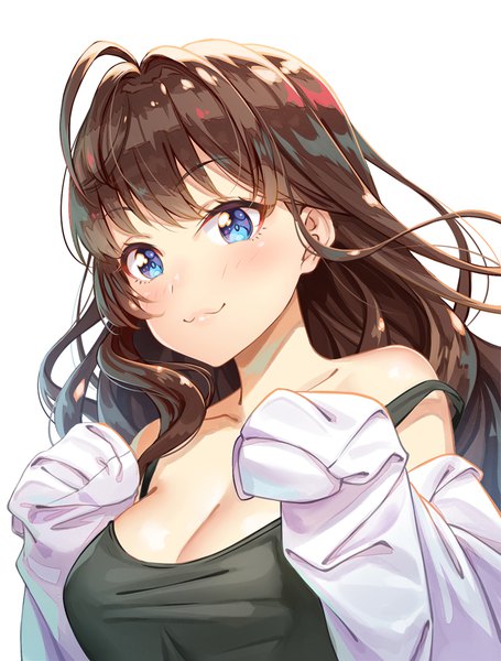 Anime picture 744x982 with idolmaster idolmaster cinderella girls ichinose shiki terumii single long hair tall image looking at viewer blush fringe breasts blue eyes light erotic simple background brown hair large breasts white background cleavage upper body ahoge