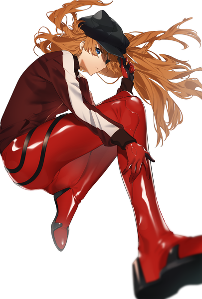 Anime picture 1150x1701 with neon genesis evangelion rebuild of evangelion evangelion: 3.0 you can (not) redo gainax soryu asuka langley shikinami asuka langley sino42 single long hair tall image looking at viewer fringe blue eyes simple background hair between eyes white background full body bent knee (knees) lying blurry